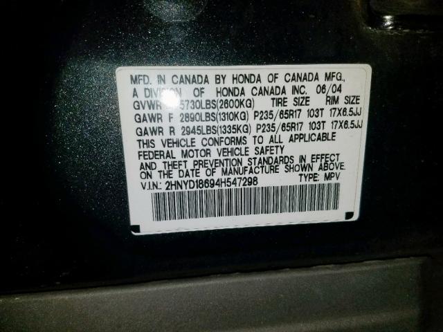 2HNYD18694H547298 - 2004 ACURA MDX TOURIN GRAY photo 10