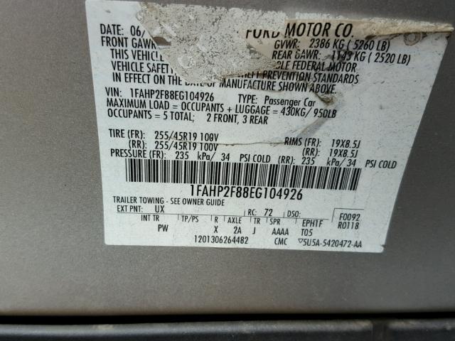 1FAHP2F88EG104926 - 2014 FORD TAURUS LIM SILVER photo 10