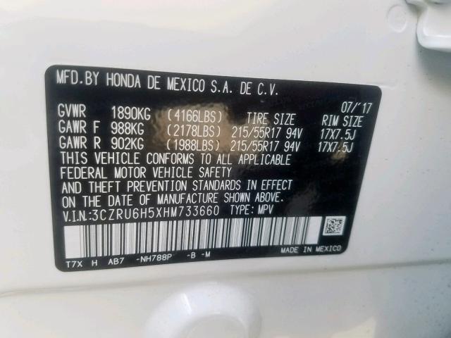 3CZRU6H5XHM733660 - 2017 HONDA HR-V EX WHITE photo 10