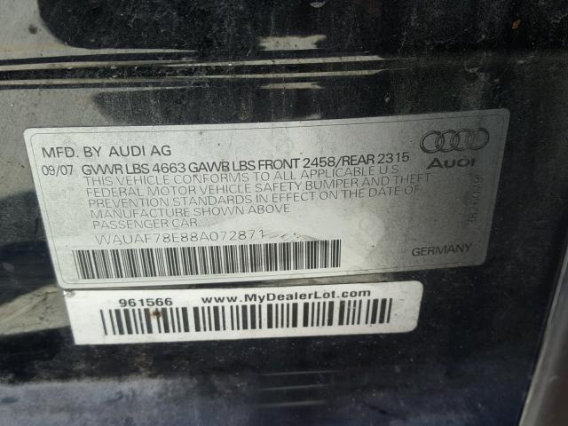 WAUAF78E88A072871 - 2008 AUDI A4 2.0T BLACK photo 10