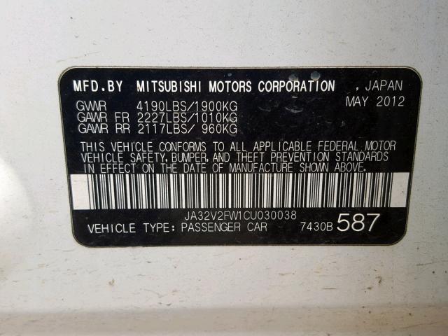 JA32V2FW1CU030038 - 2012 MITSUBISHI LANCER SE WHITE photo 10