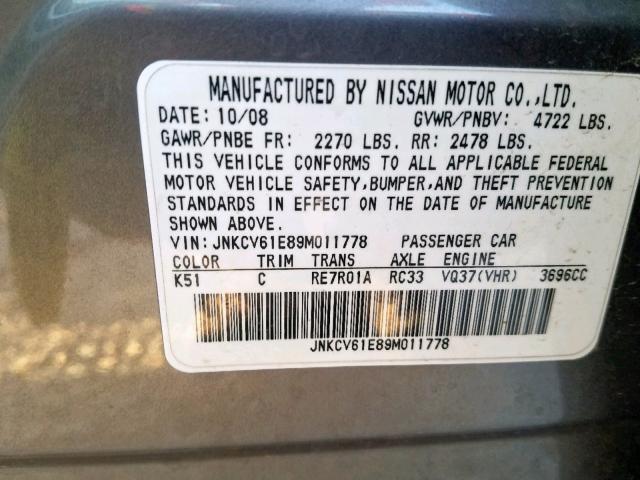 JNKCV61E89M011778 - 2009 INFINITI G37 BASE GRAY photo 10