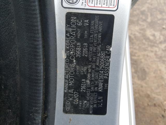 KNAFE161475006881 - 2007 KIA SPECTRA5 S SILVER photo 10