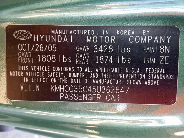 KMHCG35C45U362647 - 2005 HYUNDAI ACCENT GS GREEN photo 10