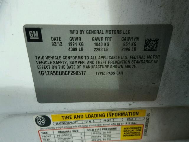 1G1ZA5EU8CF290317 - 2012 CHEVROLET MALIBU LS WHITE photo 10