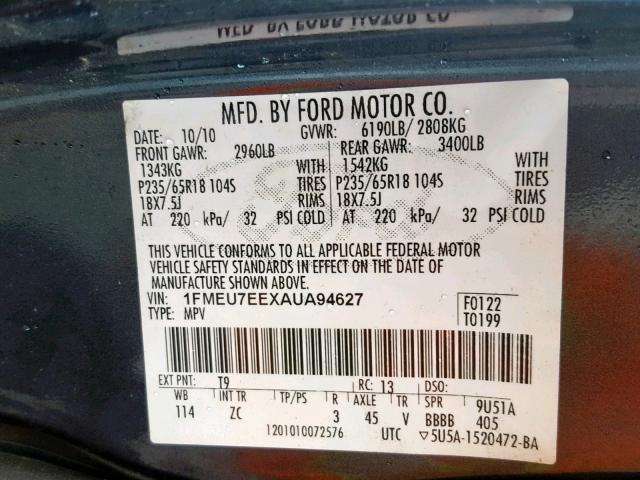 1FMEU7EEXAUA94627 - 2010 FORD EXPLORER E GRAY photo 10