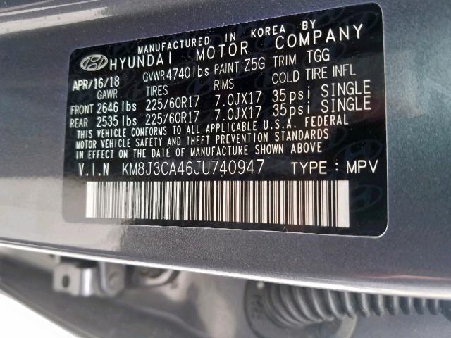 KM8J3CA46JU740947 - 2018 HYUNDAI TUCSON SEL GRAY photo 10