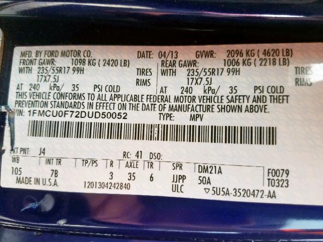 1FMCU0F72DUD50052 - 2013 FORD ESCAPE S BLUE photo 10