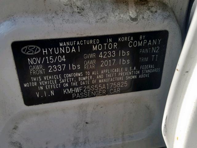 KMHWF25S55A175825 - 2005 HYUNDAI SONATA GL WHITE photo 10