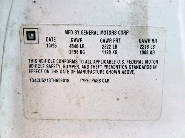 1G4CU5213TH608018 - 1996 BUICK PARK AVENU WHITE photo 10