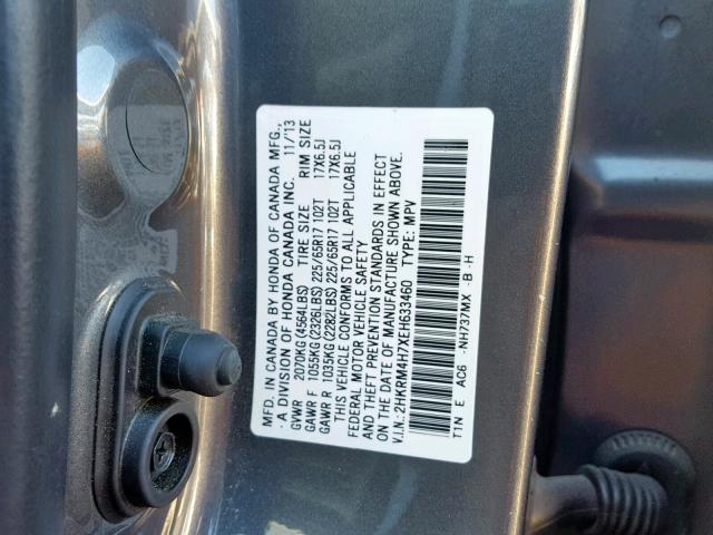 2HKRM4H7XEH633460 - 2014 HONDA CR-V EXL GRAY photo 10