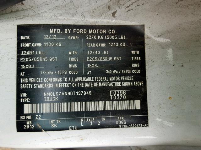 NM0LS7AN9DT137949 - 2013 FORD TRANSIT CO WHITE photo 10