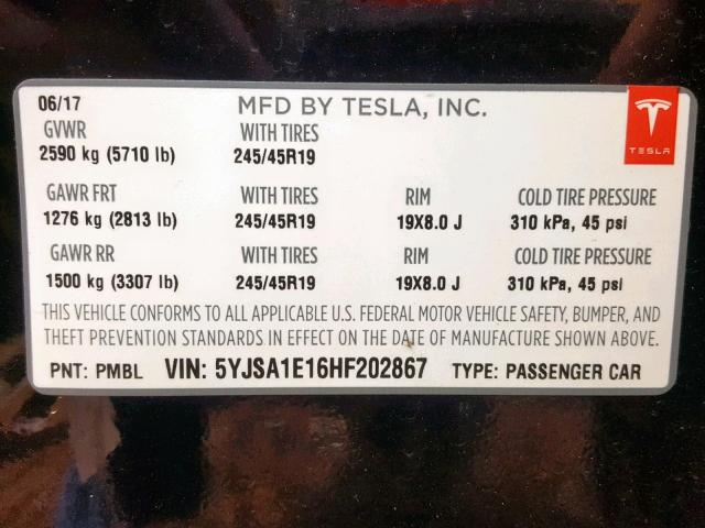 5YJSA1E16HF202867 - 2017 TESLA MODEL S შავი ფოტო 10