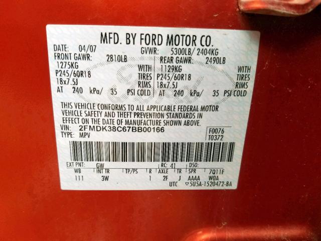 2FMDK38C67BB00166 - 2007 FORD EDGE SEL ORANGE photo 10