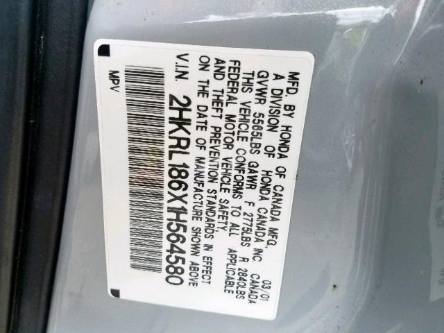 2HKRL186X1H564580 - 2001 HONDA ODYSSEY EX SILVER photo 10