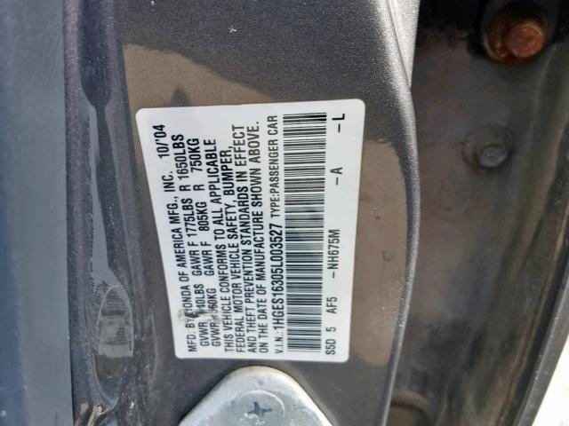 1HGES16305L003527 - 2005 HONDA CIVIC DX V GRAY photo 10