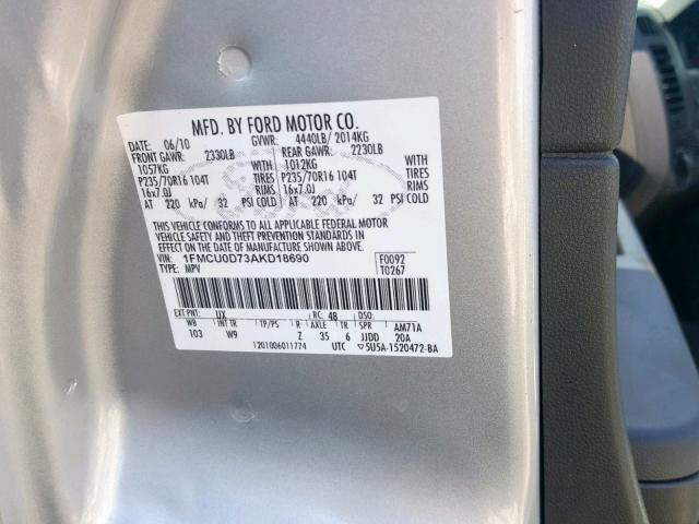 1FMCU0D73AKD18690 - 2010 FORD ESCAPE XLT SILVER photo 10