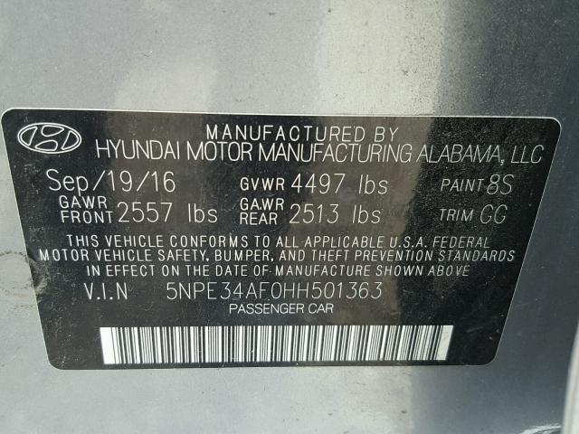 5NPE34AF0HH501363 - 2017 HYUNDAI SONATA SPO CHARCOAL photo 10