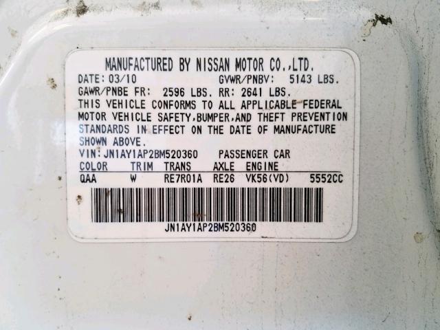 JN1AY1AP2BM520360 - 2011 INFINITI M56 WHITE photo 10