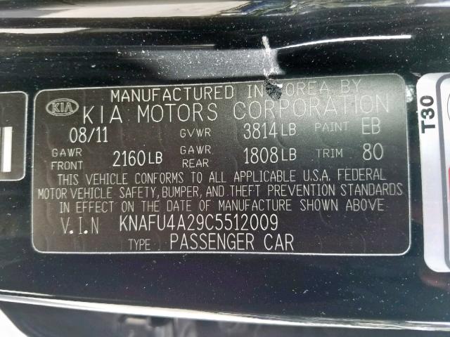 KNAFU4A29C5512009 - 2012 KIA FORTE EX BLACK photo 10