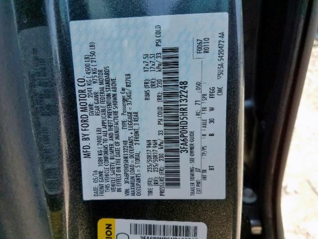 3FA6P0HD5HR132248 - 2017 FORD FUSION SE GRAY photo 10