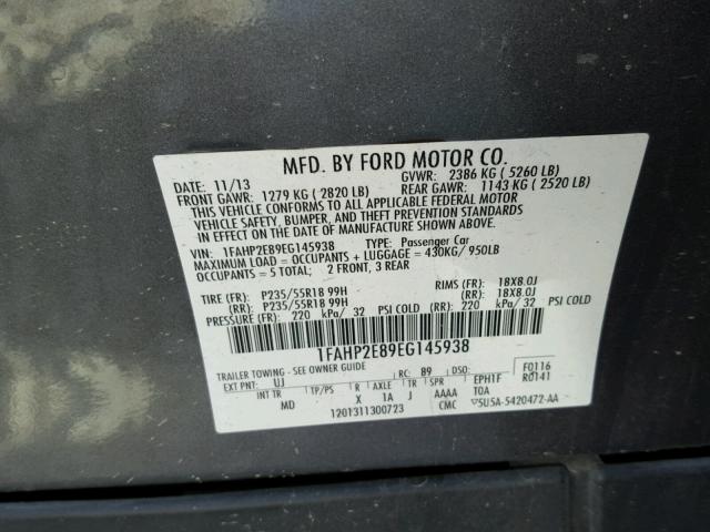 1FAHP2E89EG145938 - 2014 FORD TAURUS SEL GRAY photo 10