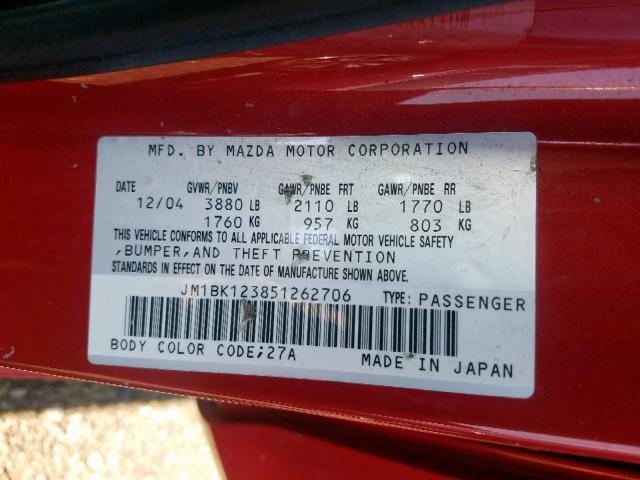 JM1BK123851262706 - 2005 MAZDA 3 S RED photo 10