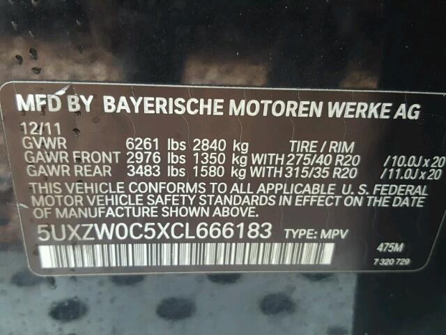5UXZW0C5XCL666183 - 2012 BMW X5 XDRIVE3 BLACK photo 10