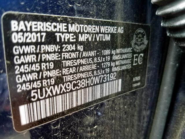 5UXWX9C38H0W73192 - 2017 BMW X3 XDRIVE2 BLUE photo 10