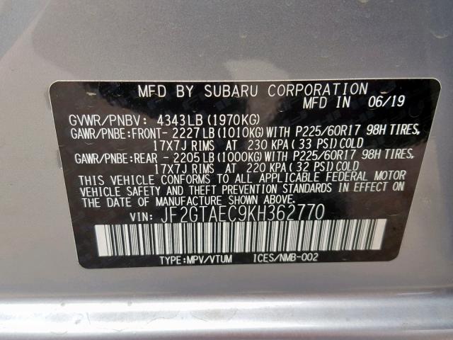 JF2GTAEC9KH362770 - 2019 SUBARU CROSSTREK SILVER photo 10