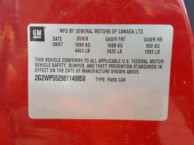 2G2WP552981149850 - 2008 PONTIAC GRAND PRIX RED photo 10