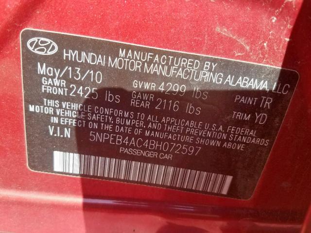 5NPEB4AC4BH072597 - 2011 HYUNDAI SONATA GLS RED photo 10