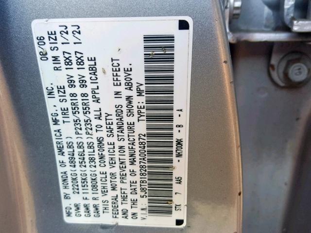 5J8TB18287A004872 - 2007 ACURA RDX SILVER photo 10