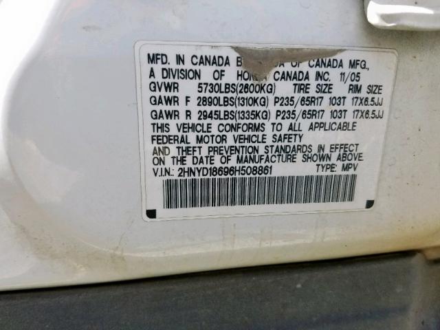 2HNYD18696H508861 - 2006 ACURA MDX TOURIN WHITE photo 10