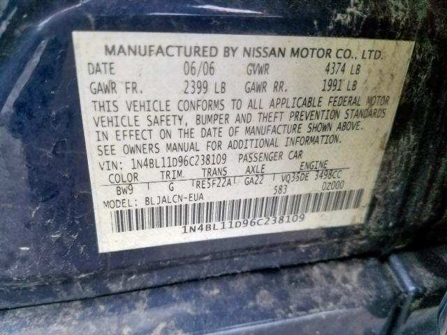 1N4BL11D96C238109 - 2006 NISSAN ALTIMA SE BLUE photo 10