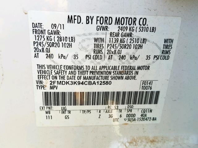 2FMDK3K94CBA12580 - 2012 FORD EDGE LIMIT WHITE photo 10