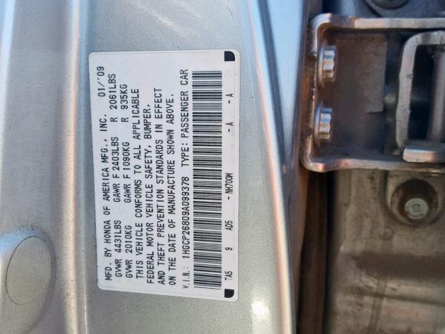 1HGCP26809A099378 - 2009 HONDA ACCORD EXL SILVER photo 10