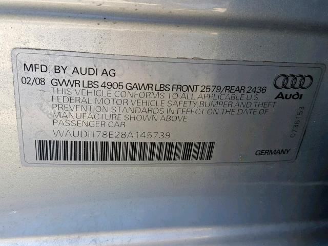 WAUDH78E28A145739 - 2008 AUDI A4 3.2 QUA SILVER photo 10