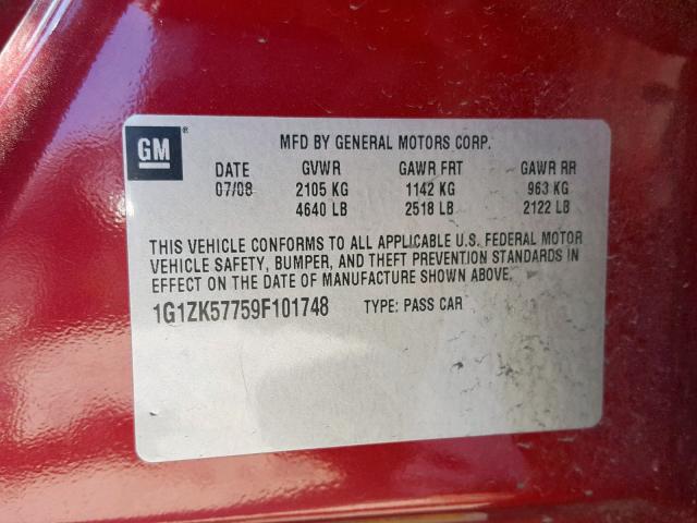 1G1ZK57759F101748 - 2009 CHEVROLET MALIBU LTZ ბურგუნდია ფოტო 10