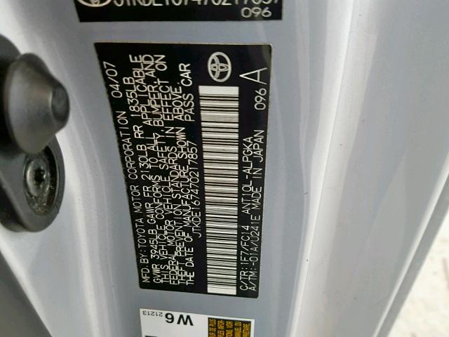 JTKDE167470217857 - 2007 TOYOTA SCION TC ვერცხლისფერი ფოტო 10