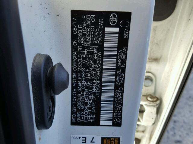 JTDKARFP2H3043876 - 2017 TOYOTA PRIUS PRIM თეთრი ფოტო 10