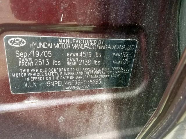 5NPEU46F96H038285 - 2006 HYUNDAI SONATA GLS MAROON photo 10