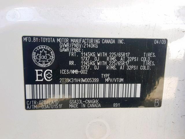 2T3BK31V49W005399 - 2009 TOYOTA RAV4 LIMIT WHITE photo 10