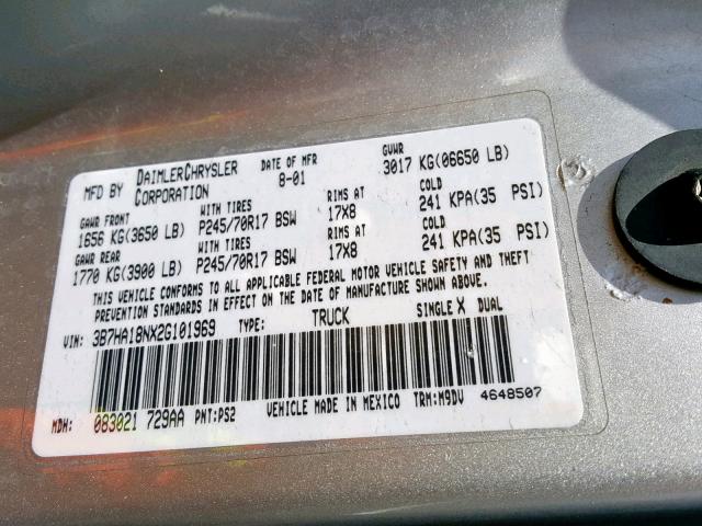 3B7HA18NX2G101969 - 2002 DODGE RAM 1500 SILVER photo 10