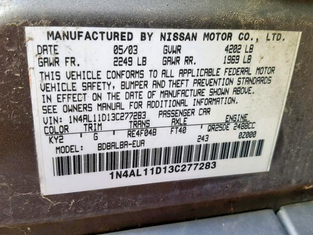 1N4AL11D13C277283 - 2003 NISSAN ALTIMA BAS GOLD photo 10