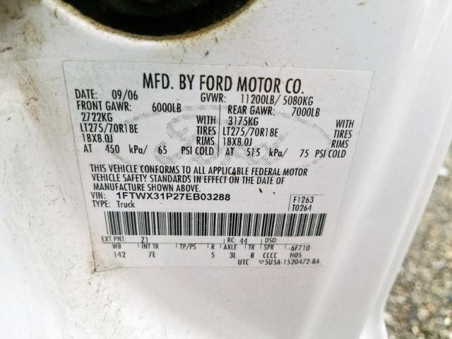 1FTWX31P27EB03288 - 2007 FORD F350 SRW S WHITE photo 10