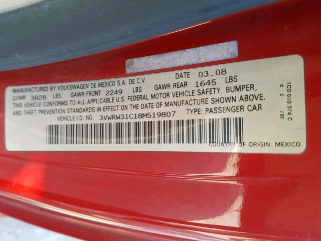 3VWRW31C18M519807 - 2008 VOLKSWAGEN NEW BEETLE 红色 照片 10