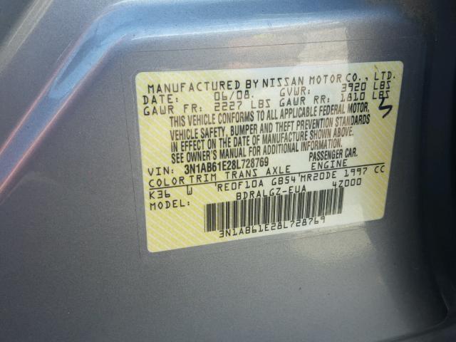 3N1AB61E28L728769 - 2008 NISSAN SENTRA 2.0 GRAY photo 10