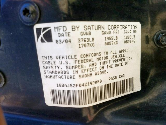 1G8AJ52F04Z192080 - 2004 SATURN ION LEVEL GRAY photo 10