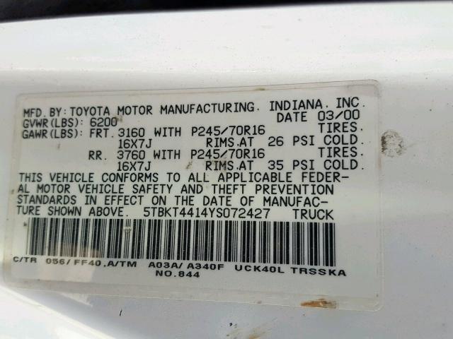 5TBKT4414YS072427 - 2000 TOYOTA TUNDRA SR5 WHITE photo 10